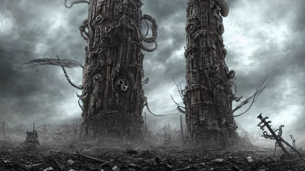 Image similar to A tower with an Eyeball at the top, BioMechanical like Giger, with tentacles coming out, looking over a stormy post-apocalyptic wasteland, dystopian art, wide lens