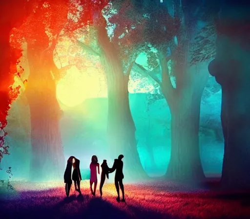 Prompt: people being together in a magical dream world, beautiful colors, cinematic lighting