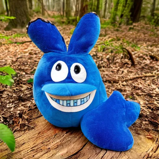 Image similar to blue'snappy gifts'plush toy with smily face in magical forest, gifts, dark atmosphere, high detail, soft lighting, 8 k