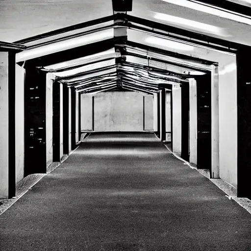 Prompt: brutalist underground holding facility, high contrast grainy black and white photography