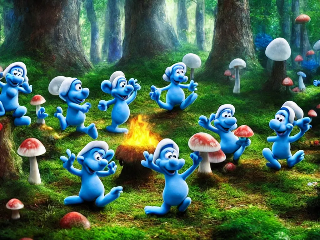 Image similar to smurfs partying in the enchanted forest in their magic mushroom town, photorealistic painting, cgi, low volumetric light, movie still, very cute and cozy and fluffy and sweet