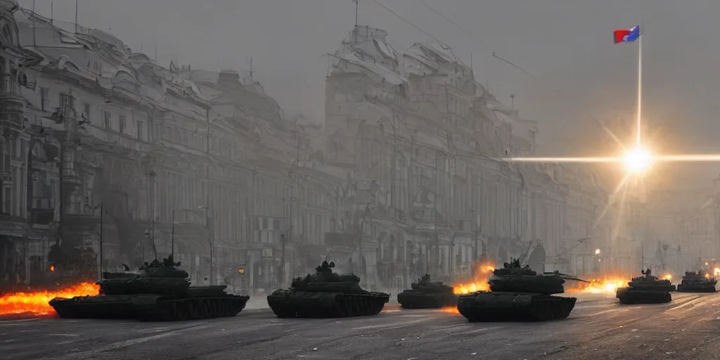 Image similar to russian tanks destroying khreshchatyk street, a center of kyiv, dark, trending on artstation, digital art, fog, sun flare, rain