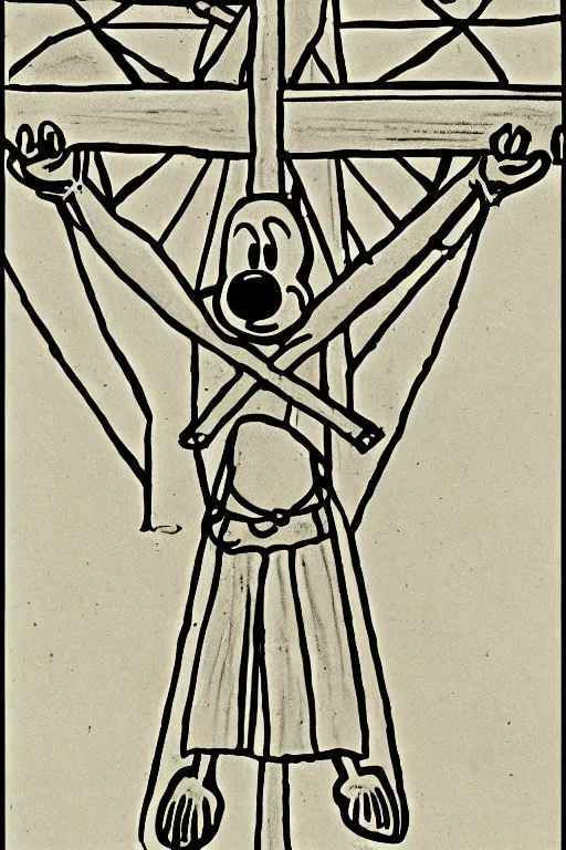 Prompt: steamboat willie crucified on a cross, drawn by Walt Disney