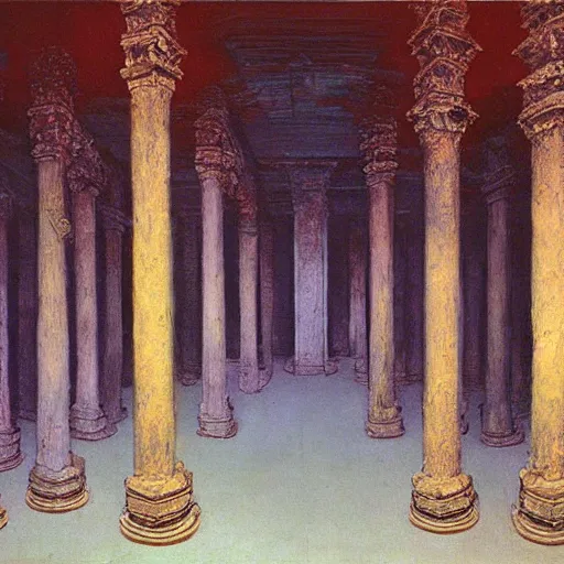 Image similar to painting of a scifi ancient civilzation victorian empty room with pillars, beksinski