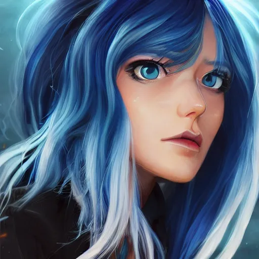 Image similar to profile shot of rimuru tempest, sky blue hair, straight hair, pretty, long bangs, amber eyes, all black jacket with white stripes, high collar, highly detailed, unreal engine 5, color block, digital painting, concept art, cinematic, wlop | artgerm, pixiv, greg rutkowski, ilya kuvshinov, andy warhol