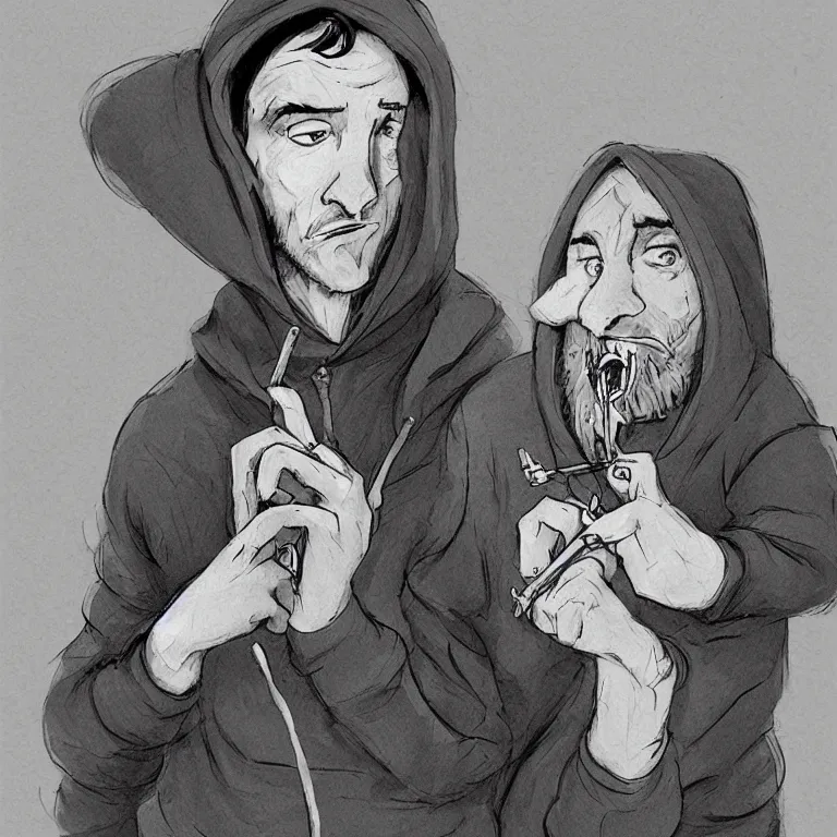 Prompt: gangster in a hoodie smoking a join, in the style of tony sandoval