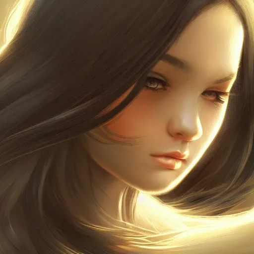 Image similar to teen girl, long black hair, gorgeous round face, brown pollover, amazing, elegant, intricate, highly detailed, digital painting, artstation, concept art, sharp focus, illustration, art by ross tran