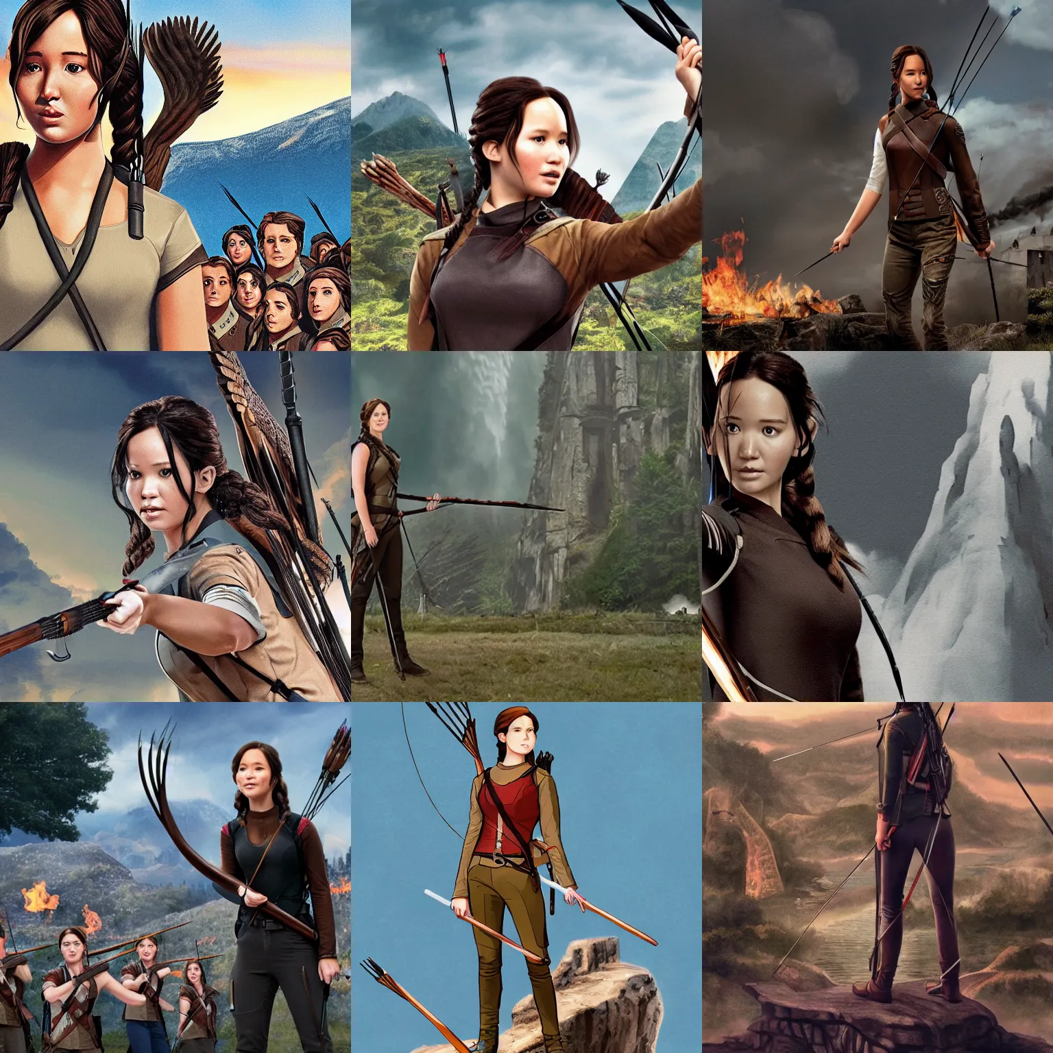 Prompt: Giant Katniss Everdeen stands next to a town, illustration, Gulliver's Travels