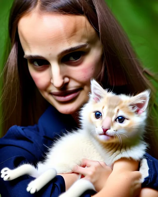 Prompt: a girl looking like natalie portman, holding a robotic kitten. 8k, sharp high quality