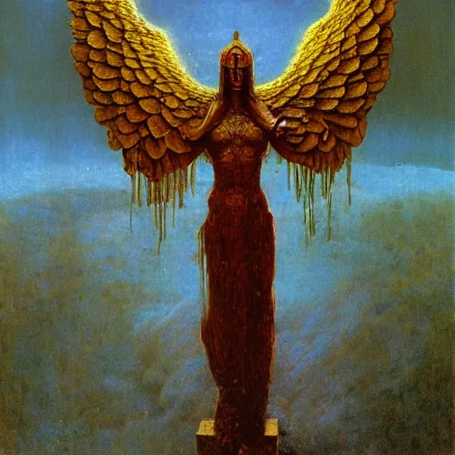 Image similar to arch angel in ancient golden armor, beksinski