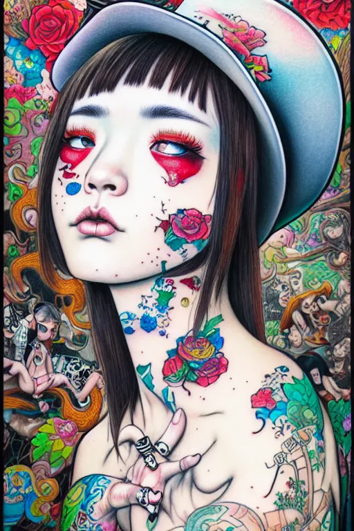 Image similar to full view of girl with tattoos wearing cowboy hat, style of yoshii chie and hikari shimoda and martine johanna, highly detailed