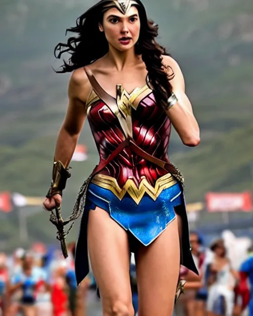 Image similar to gal gadot as wonder woman, at the 2 0 0 - meter starting line, ancient greek olympic trials, mount olympus can be seen off in the distance, sports photography in the style of neil leifer