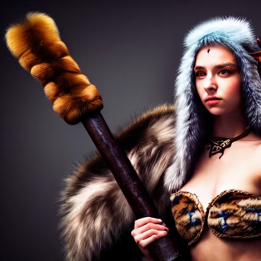 Image similar to a DND barbarian wearing fur coat holding a small Triton girl with black hair, high resolution film still, 4k, HDR colors