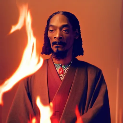 Image similar to cinematic film still of Snoop Dogg starring as a Samurai holding fire, Japanese CGI, VFX, 2022, 40mm lens, shallow depth of field, film photography