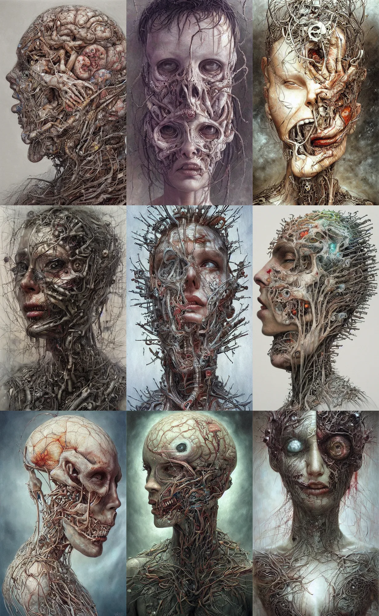 Prompt: Painting, Creative Design, Human brain, Biopunk, Body horror, by Marco Mazzoni, Peter Gric