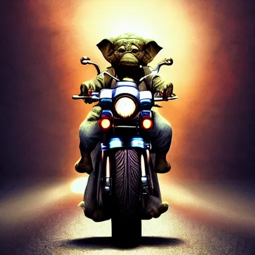 Image similar to elephant yoda riding a motorcycle in the movie born to be wild, stunning digital art, high detail, in the style of artgerm, artstation, cgsociety, dramatic lighting, pixar 3d 8k