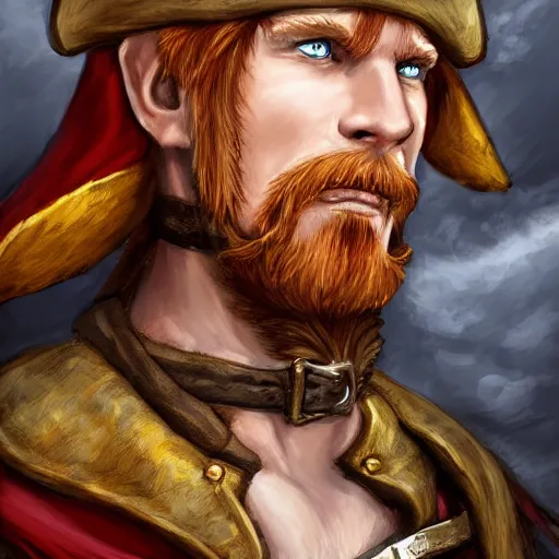 Image similar to handsome grinning ginger elf rogue, tricorne pirate captain hat, naval background, D&D, fantasy, portrait, cinematic lighting, centered, symmetrical, highly detailed, digital painting, artstation, concept art, smooth, sharp focus, illustration, volumetric lighting, epic Composition, 8k, anatomically correct, art by Akihiko Yoshida and Greg Rutkowski and Craig Mullins, oil painting, cgsociety