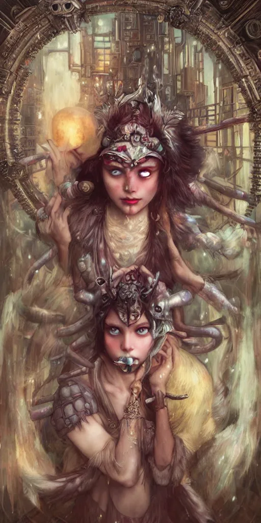 Prompt: hyper realistic Princess Mononoke attacking luminescent ghost, ornate mask, wet market street, cyberpunk metropolis, city landscape, jewels, full body pose, full moon, style of tom bagshaw, mucha, james gurney, norman rockwell, denoised, sharp