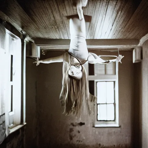 Image similar to a woman floating suspended above the floor in the room of an old house, 3 5 mm, sunlight