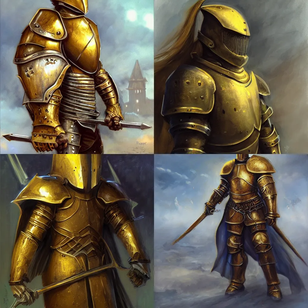 Prompt: a knight in golden armor. by chris rahn.