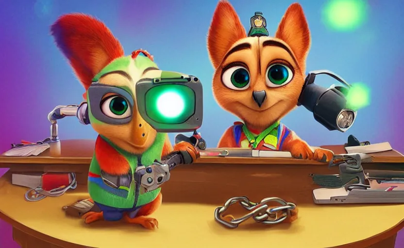 Image similar to “ one cute parrot with very big eyes, wearing a bandana and chain, holding a laser gun, standing on a desk, digital art, award winning, in the style of the movie zootopia ”