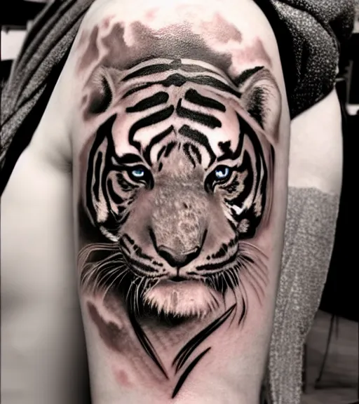 Image similar to tattoo design of a beautiful girl warrior under a tiger head, hyper realistic, realism tattoo, by eliot kohek, beautiful eyes, realistic face, black and white, white background