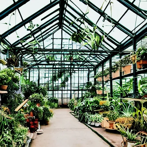 Prompt: dreamy and grainy photo of a green house filled with tropical plants