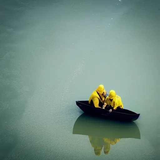 Prompt: yello boris blank and dieter meier in a little boat in a puddle.