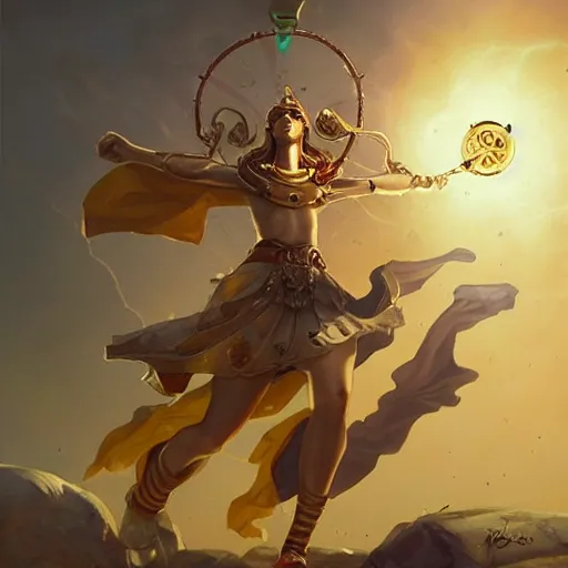 Image similar to Athena of Abyssinia, defeats Chronos with gold throwing disc, by Peter Mohrbacher:5 Trending on Artstation:5