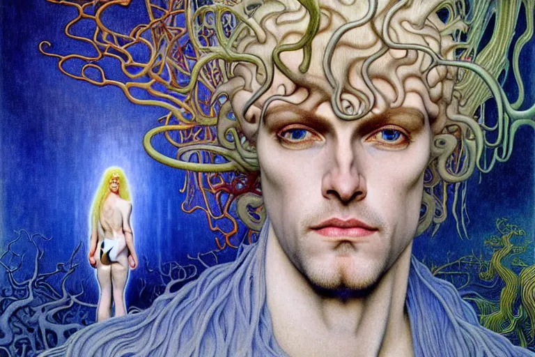 Image similar to realistic detailed portrait painting of a beautiful ghost man with blond hair with an alien, futuristic sci-fi forest on background by Jean Delville, Amano, Yves Tanguy, Alphonse Mucha, Ernst Haeckel, Edward Robert Hughes, Roger Dean, rich moody colours, blue eyes