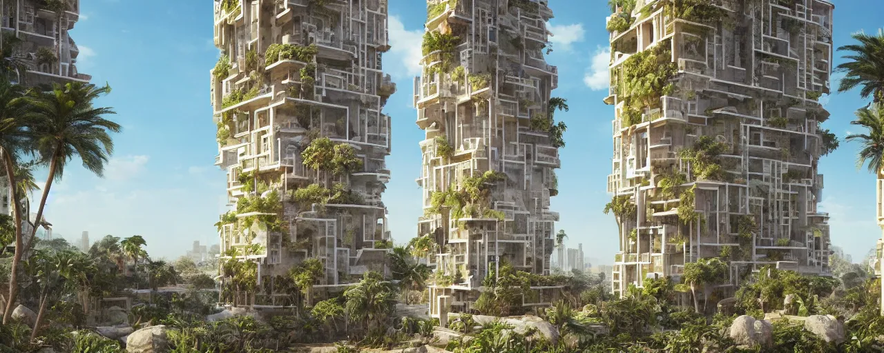 Image similar to contemporary golden babylon tower, sacred ancient architecture, hanging gardens, cascading highrise, arid mountains with lush palm forest, sunlight, post - production, octane, cgi, sfx