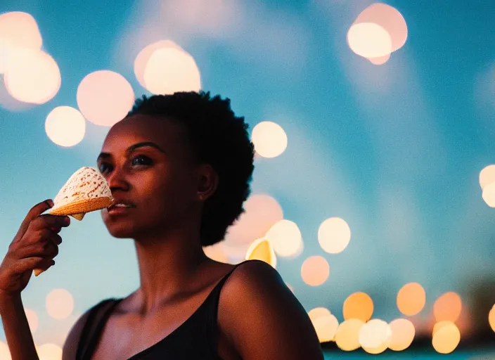 Image similar to a 3 5 mm photo of a young black woman holding an ice cream cone, splash art, movie still, bokeh, canon 5 0 mm, cinematic lighting, dramatic, film, photography, golden hour, depth of field, award - winning, anamorphic lens flare, 8 k, hyper detailed, 3 5 mm film grain