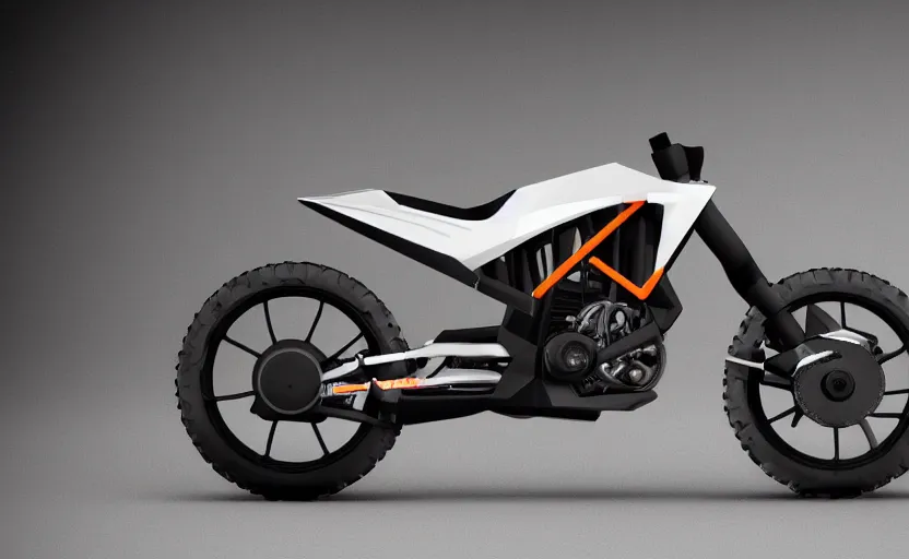 Image similar to futuristic dakar motorbike, symmetrical mechanical features, off - road, designed by professional, fog and dirt, industrial design, brushed white and blue paint, black wheel rims, hard surfaces modelling, dramatic lighting, hyper realistic rendering, octane, depth of field, bokeh effect, 1 5 0 mm, 4 k