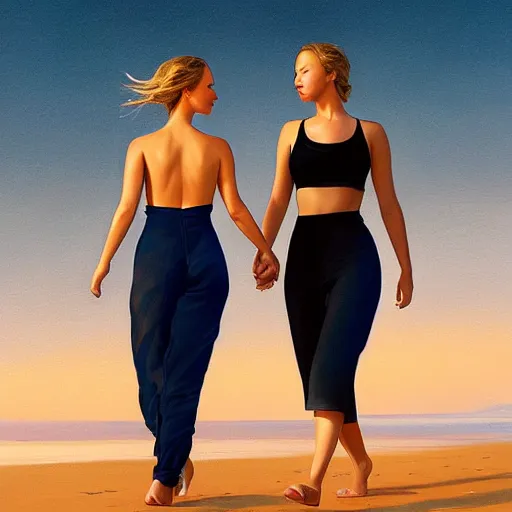 Image similar to beautiful serene intricate portrait of jennifer lawrence and jennifer lawrence, walking togetheron the beach, golden hour, soft focus, 8 k, art by irakli nadar, hyperrealism, hyperdetailed, ultra realistic