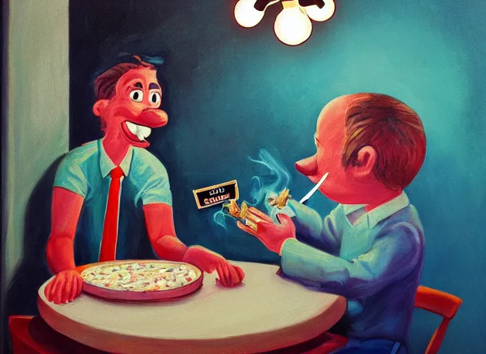 Image similar to chuck e cheese, depressed smoking cigarette at small table lit by a single hanging lightbulb, dark subconscious painting