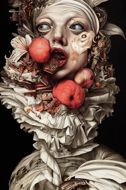 Image similar to Detailed maximalist portrait with large lips and with large, wide eyes, expressive, extra flesh and bones, HD mixed media, 3D collage, highly detailed and intricate, surreal, illustration in the style of Caravaggio, dark art, baroque