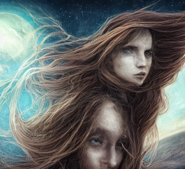 Image similar to beautiful celestial woman with long hair wrapping downward around earth seen for space, hyper-detailed, smooth, sharp focus, depth map, digital painting, apocalyptic art, fantasy dark art, 4k ultra hd, cinematic