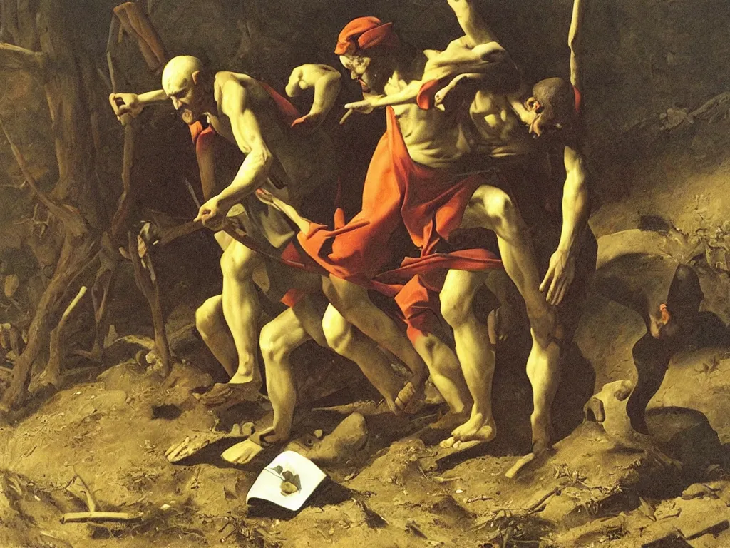 Prompt: man escaping from his grave. painting by georges de la tour