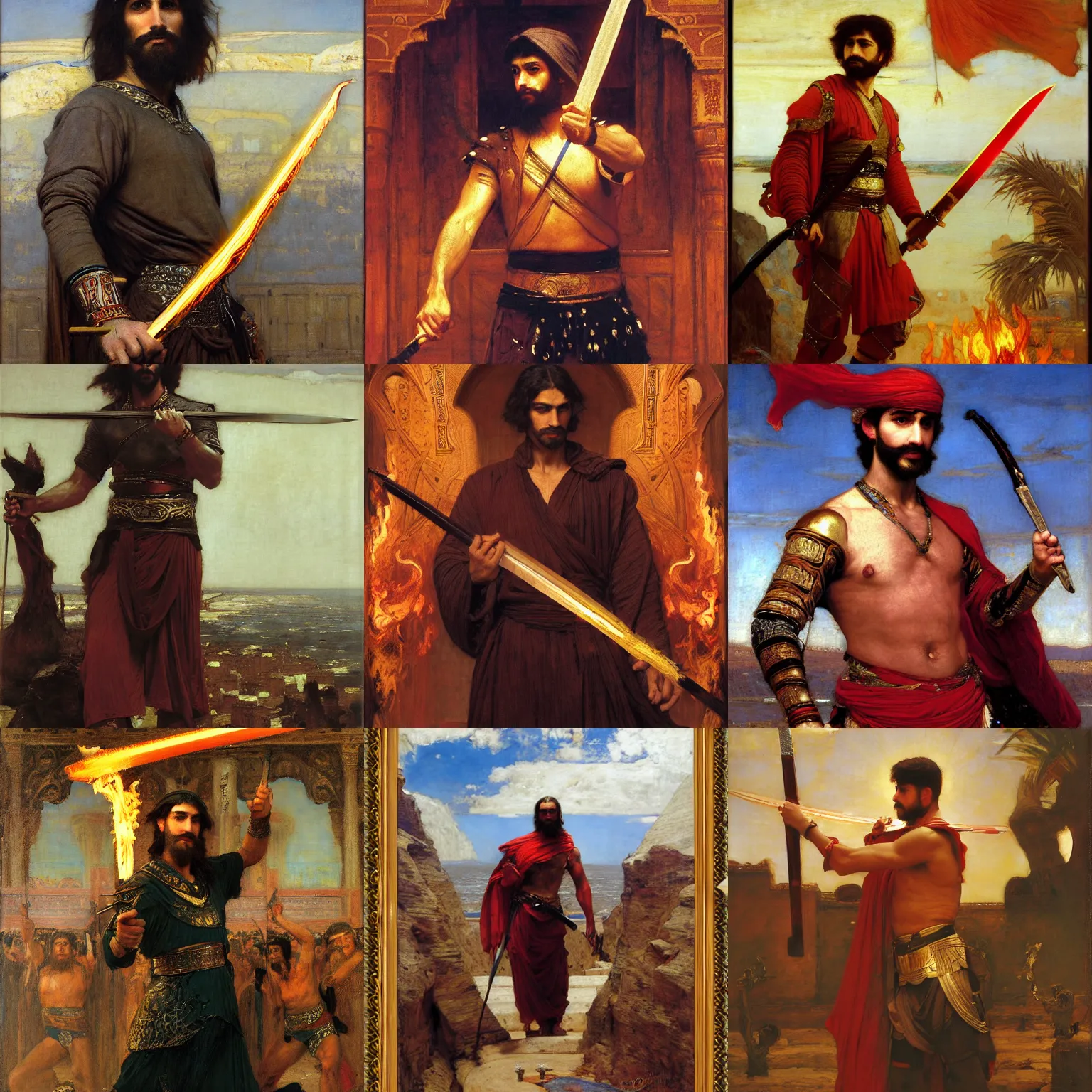 Prompt: orientalist painting of a hero with his flaming sword pointed at the sky intricate portrait by john william waterhouse and Edwin Longsden Long and Theodore Ralli and Nasreddine Dinet, oil on canvas. Cinematic, hyper realism, dramatic lighting, high detail 8k