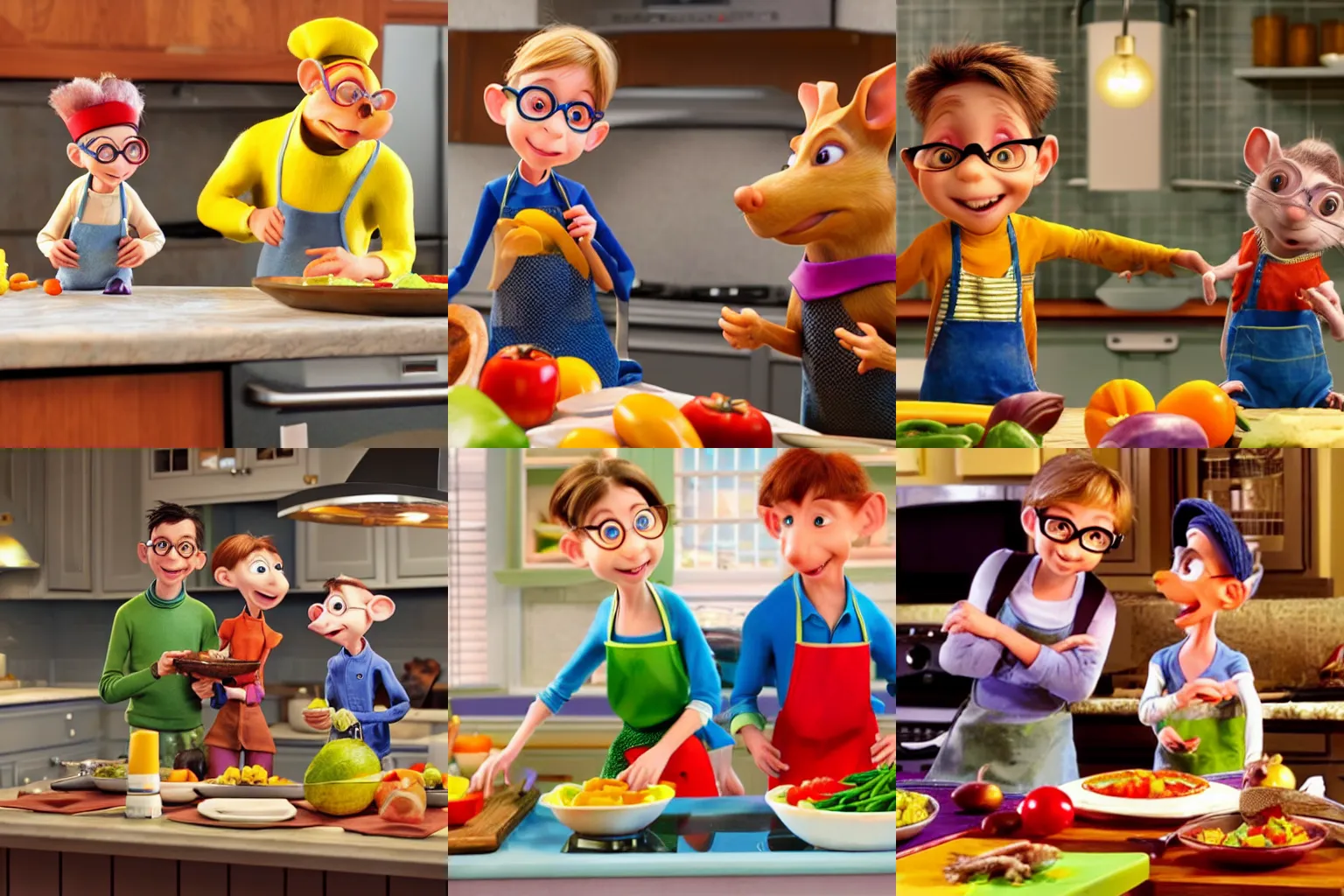 Prompt: Stuart Little and Remy from Ratatouille on the kitchen counter cooking dinner, bright, colorful, food
