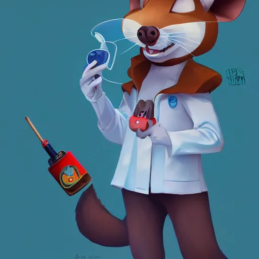 Image similar to anthropomorphic mouse furry girl in the lab coat catsing fireball, pixar style, concept art, character turnaround, trending on artstation, childrens illustrated storybook, by jay naylor, alphonse mucha and cory loftis and matthias lechner