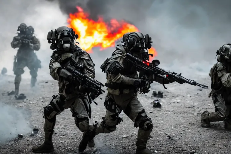 Prompt: Mercenary Special Forces sci-fi soldiers in futuristic grey uniforms with black armored vest and black helmets assaulting a burning exploding devastated battlefield, Canon EOS R3, f/1.4, ISO 200, 1/160s, 8K, RAW, unedited, symmetrical balance, in-frame, combat photography, colorful