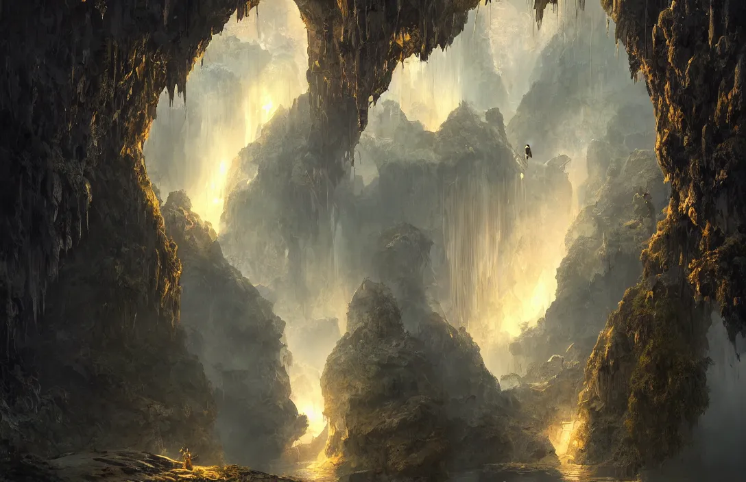 Prompt: a huge cave with a light portal far away in the style of stephan martiniere, detailed dreamscape, hyperreal phantastic, intricate details in environment, golden ratio, high aestehtic, waterfalls and lakes, cinematic light dramatic light, lightrays, flying birds in distance, trending on artstation