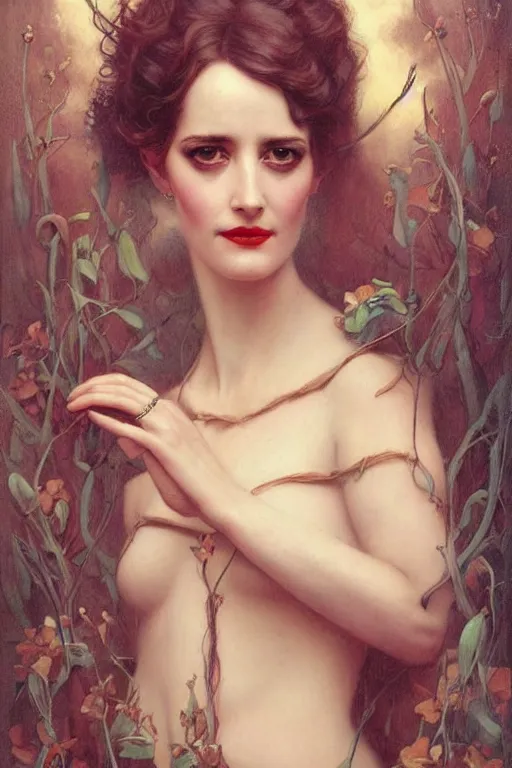 Image similar to Eva Green by Tom Bagshaw in the style of Gaston Bussière, art nouveau
