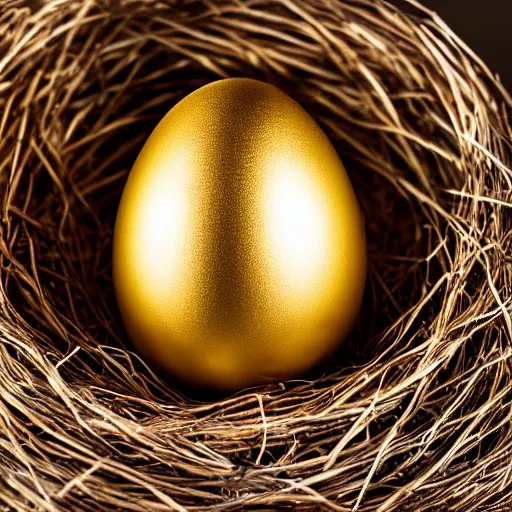 Image similar to a golden egg standing in a nest, studio shot, cinematic lighting, award winning, photography, 8 k