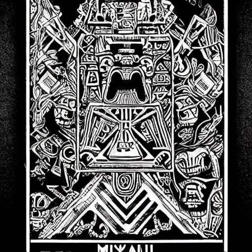 Prompt: precisely drawn illustration of a Mayan ziggurat decorated with skulls, old-fashioned tarot card, victorian playing card, sepia tone, wide angle, sharp, fine details, anime, manga, French comic style, cyberpunk, intense line art, 8k, precise linework, realistic, shaded lighting by katsuhiro otomo ghost-in-the-shell, magali villeneuve, artgerm, rutkowski Jeremy Lipkin and Giuseppe Dangelico Pino and Michael Garmash and Rob Rey and Moebius