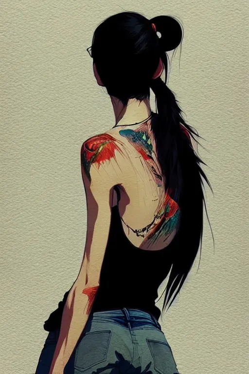 Prompt: a ultradetailed beautiful back painting of a stylish woman, she is wearing a black tank top and jeans, her hair is in a pony tail, by conrad roset, greg rutkowski and makoto shinkai trending on artstation