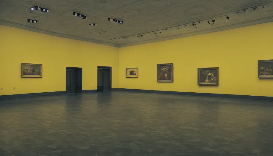 Prompt: 60s movie still of a sovietic stalinist style empty art museum with a soviet congress with yellow wall, technicolor, liminal Space style, heavy grain