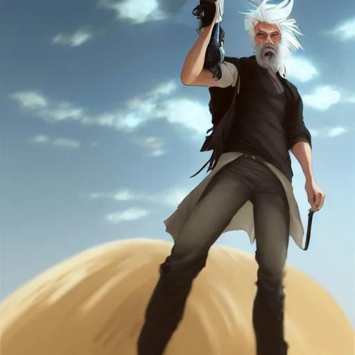 Image similar to a man with stylish white hair,an unusual beard and yellow eyes walking in a desert,character design by charlie bowater, ross tran, artgerm, and makoto shinkai, detailed, inked, western comic book art, 2021 award winning painting,digital art,art by greg rutkowski,photorealistic,highly detailed,hyperdetailed,hyperrealistoc,detailed face,surreal,fantasy,real life