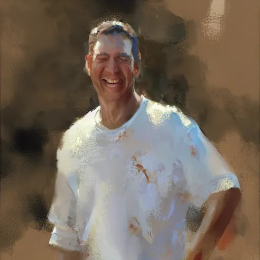 Prompt: a happy white man, painted by Craig Mullins